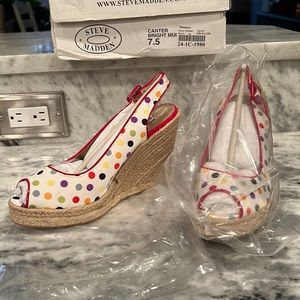 NWOT STEVE MADDEN POLKA DOT CANVAS ESPADRILLES WEDGES $60